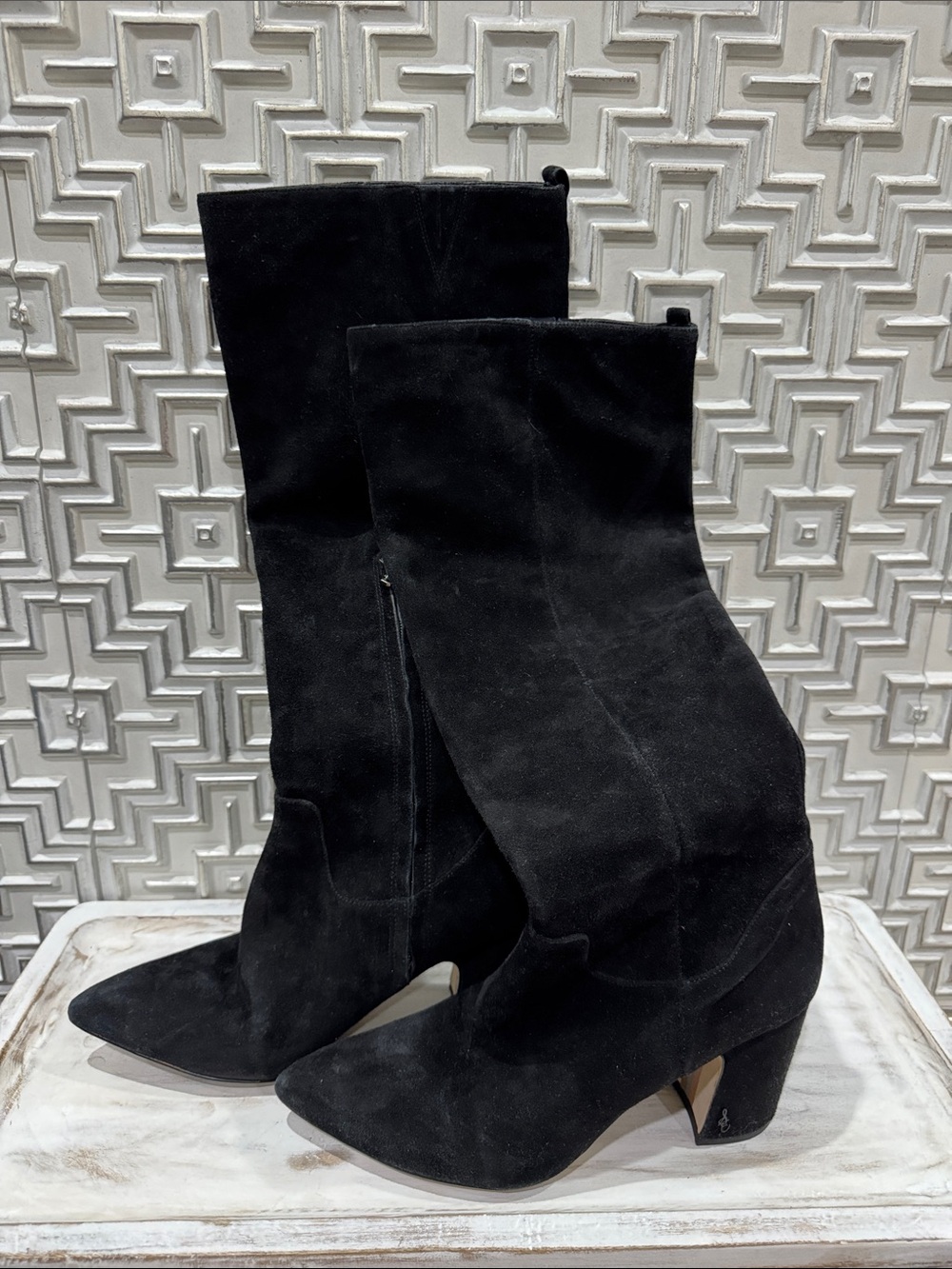 Sam Edelman Black Suede Mid-Calf Sculpted Block Heel Boots